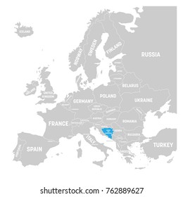 Bosnia and Hercegovina marked by blue in grey political map of Europe. Vector illustration.