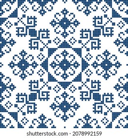 Bosnia and Herzegovian's traditional retro vector folk art seamless pattern - Zmijanje cross-stitch design style. Retro Balkan embroidery geometric wallpaper, old hand-made background in dark blue 