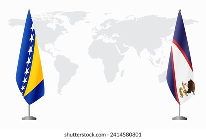 Bosnia and Herzegovina and American Samoa flags for official meeting against background of world map.
