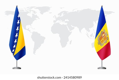 Bosnia and Herzegovina and Andorra flags for official meeting against background of world map.