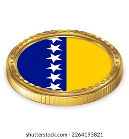 Bosnia and Herzegovina (BA) National Flag Round Icon 2.5D Isometric Projection View Gold Coin Isolated on White Background