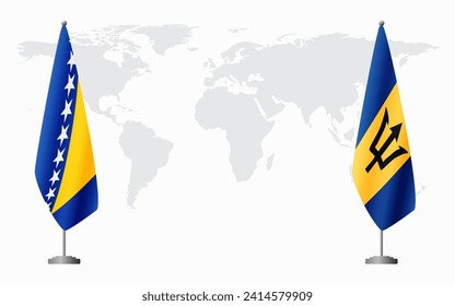 Bosnia and Herzegovina and Barbados flags for official meeting against background of world map.