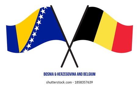 Bosnia & Herzegovina and Belgium Flags Crossed And Waving Flat Style. Official Proportion Colors.