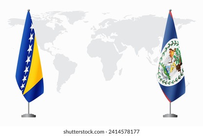 Bosnia and Herzegovina and Belize flags for official meeting against background of world map.