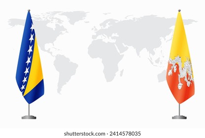 Banderas de Bosnia y Herzegovina y Bhután para una reunión oficial en el contexto del mapa mundial.