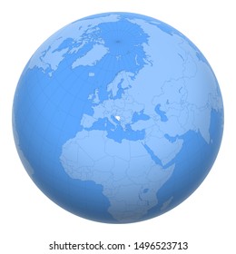 Bosnia and Herzegovina (BiH, B&H) on the globe. Earth centered at the location of Bosnia and Herzegovina. Map of Bosnia and Herzegovina. Includes layer with capital cities.