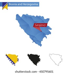 Bosnia and Herzegovina blue Low Poly map with capital Sarajevo, versions with flag, black and outline. Vector Illustration.