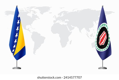 Bosnia and Herzegovina and Bougainville flags for official meeting against background of world map.