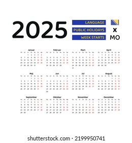 Bosnia and Herzegovina Calendar 2025. Week starts from Monday. Vector graphic design. Serbian language.