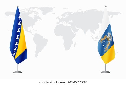 Bosnia and Herzegovina and Canary Islands flags for official meeting against background of world map.