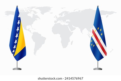 Bosnia and Herzegovina and Cape Verde flags for official meeting against background of world map.