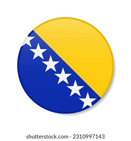 Bosnia and Herzegovina circle button icon. Bosnian round badge flag with shadow. 3D realistic vector illustration isolated on white.