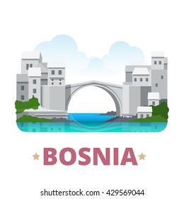 Bosnia and Herzegovina country design template. Flat cartoon style web site vector illustration. World vacation travel sightseeing Europe European collection. Stari Most aka Old Bridge in Mostar.