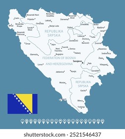 Bosnia and Herzegovina - detailed blue country map with cities and regions. Infographic icons. Vector illustration