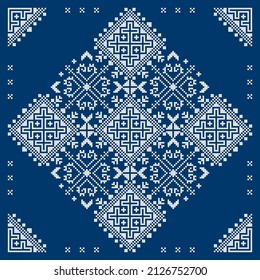 Bosnia and Herzegovina embroidery style vector pattern in square with corners, greeting card styled as Zmijanjski vez traditional ornament in white on navy blue.Retro cross-stitch decoration, old hand