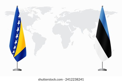 Bosnia and Herzegovina and Estonia flags for official meeting against background of world map.