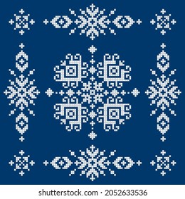 Bosnia and Herzegovina ethnic folk art vector pattern styled as Zmijanje cross-stitch embroidery design square decorative ornament in white on navy blue background. 
Traditional decoration