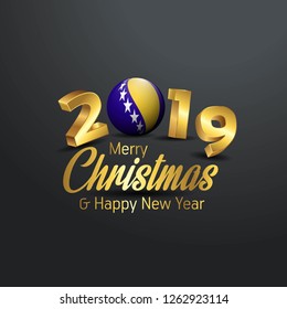 Bosnia and Herzegovina Flag 2019 Merry Christmas Typography. New Year Abstract Celebration background