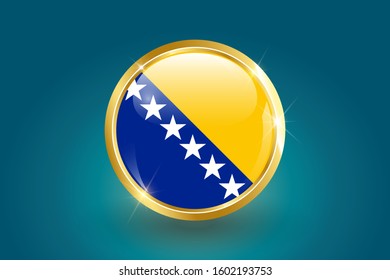 Bosnia and Herzegovina Flag in 3D circle frame, can be used for independence day or any other events. gold glossy badge. vector illustration. EPS 10.
