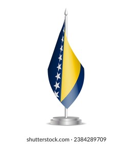 Bosnia and Herzegovina flag - 3D mini flag hanging on desktop flagpole. Usable for summit or conference presentaiton. Vector illustration with shading.