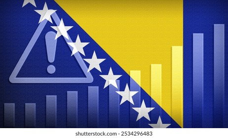 Bosnia and Herzegovina flag with burlap texture, warning sign, and rising bar chart symbolizing increasing risk or growth challenges in the country. Ideal for data presentations.