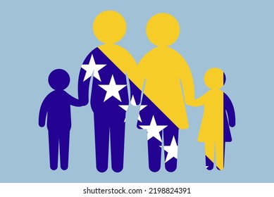 Bosnia and Herzegovina flag with family concept, vector element, parent and kids holding hands, immigrant idea, happy family with Bosnia and Herzegovina flag, flat design asset