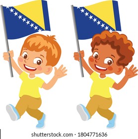 Bosnia and Herzegovina flag in hand. Children holding flag. National flag of Bosnia and Herzegovina vector