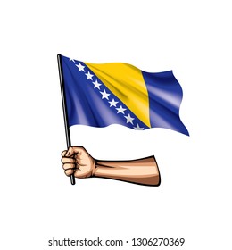 Bosnia and Herzegovina flag and hand on white background. Vector illustration
