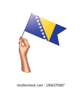 Bosnia and Herzegovina flag and hand on white background. Vector illustration