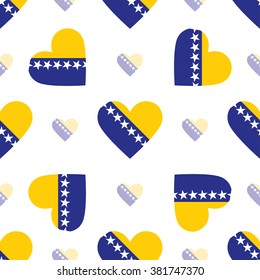 Bosnia and Herzegovina flag heart seamless pattern. Patriotic Bosnia and Herzegovina flag background. Country flag in the shape of heart. Vector seamless pattern.