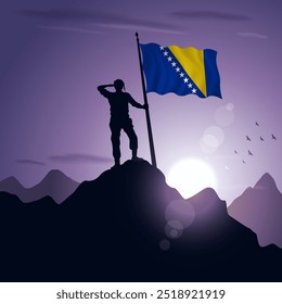 Bosnia and Herzegovina Flag hoisted on a mountain peak with a purplish sunset in the background, vector illustration