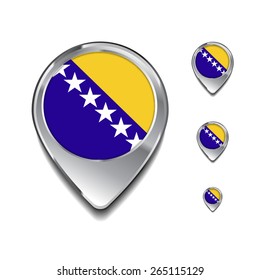 Bosnia And Herzegovina flag map pointer. 3d Map Pointer with flag glossy button style on gray background