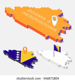 Bosnia & Herzegovina flag on map element and 3D isometric shape isolated on background, vector illustration