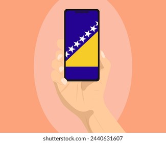 Bosnia and Herzegovina flag on mobile phone screen, holding smartphone, advertising social media or banner concept, Bosnia and Herzegovina flag showing on phone screen, technology news idea