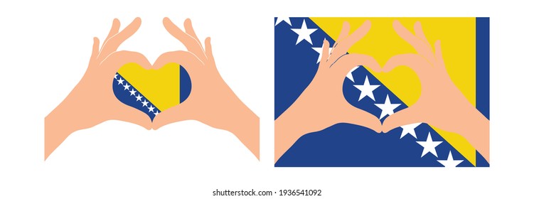 Bosnia and Herzegovina flag. Two hands in the form of a heart with flag of Bosnia and Herzegovina