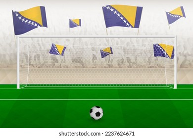 Bosnia and Herzegovina football team fans with flags of Bosnia and Herzegovina cheering on stadium, penalty kick concept in a soccer match. Sports vector illustration.