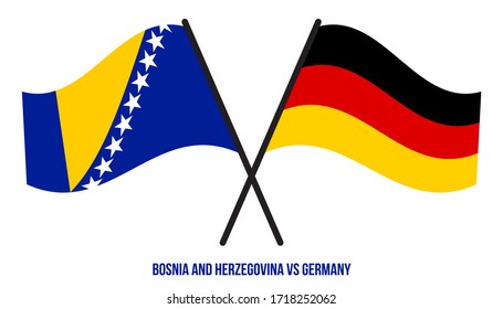 Bosnia & Herzegovina and Germany Flags Crossed And Waving Flat Style. Official Proportion Colors.