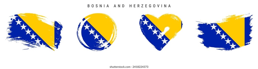 Bosnia and Herzegovina hand drawn grunge style flag icon set. Bosnian banner in official colors. Free brush stroke shape, circle and heart-shaped. Flat vector illustration isolated on white.