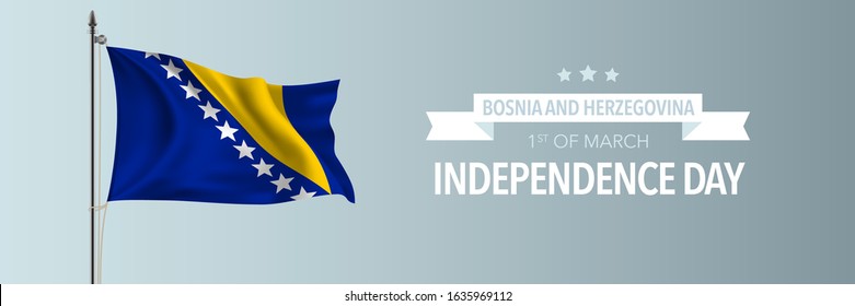 Bosnia and Herzegovina happy independence day greeting card, banner vector illustration. Bosnian national holiday 1st of March design element with waving flag on flagpole