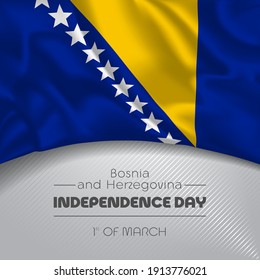 Bosnia and Herzegovina happy independence day greeting card, banner vector illustration. National holiday 1st of March square design element with waving flag