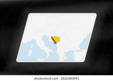 Bosnia and Herzegovina Highlighted in Flag Colors on Geographic Map. Modern Map on a dark abstract backdrop.
