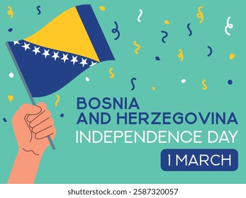 Bosnia and Herzegovina independence day 1 march, Bosnia and Herzegovina flag in hand. Greeting card, poster, banner template	