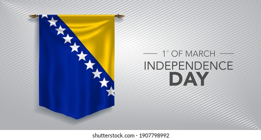 Bosnia and Herzegovina independence day greeting card, banner, vector illustration. National day 1st of March background with pennant