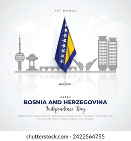 Bosnien und Herzegowina Unabhängigkeitstag Post und Grußkarte. 1. März Feier mit wahrer Flagge und Baudenkmäler, Vektorgrafik