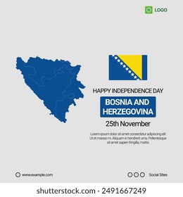 Bosnia and Herzegovina Independence Day Social Media Banner, Editable Vector Design with Map and Flag