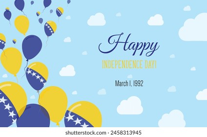 Bosnia and Herzegovina Independence Day Sparkling Patriotic Poster. Row of Balloons in Colors of the Bosnian Herzegovinian Flag. Greeting Card with National Flags, Blue Skyes and Clouds.