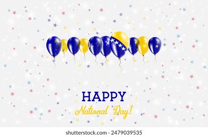 Bosnia and Herzegovina Independence Day Sparkling Patriotic Poster. Row of Balloons in Colors of the Bosnian Herzegovinian Flag. Greeting Card with National Flags, Confetti and Stars.