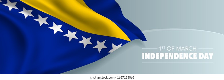 Bosnia and Herzegovina independence day vector banner, greeting card. Bosnian wavy flag in 1st of March national patriotic holiday horizontal design