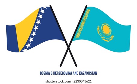 Bosnia  Herzegovina and Kazakhstan Flags Crossed And Waving Flat Style. Official Proportion Colors.