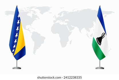 Banderas de Bosnia y Herzegovina y Lesotho para una reunión oficial en el contexto del mapa mundial.